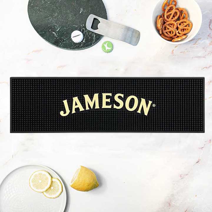 Jameson Irish Whisky Custom Logo Bartender PVC Spill Bar Drink Mats Silicone Rubber Beer Bar Runner Pub Black Bar Mat