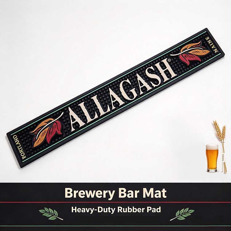 Branded brewery bar mat with custom logo and raised nodes, flat lay.