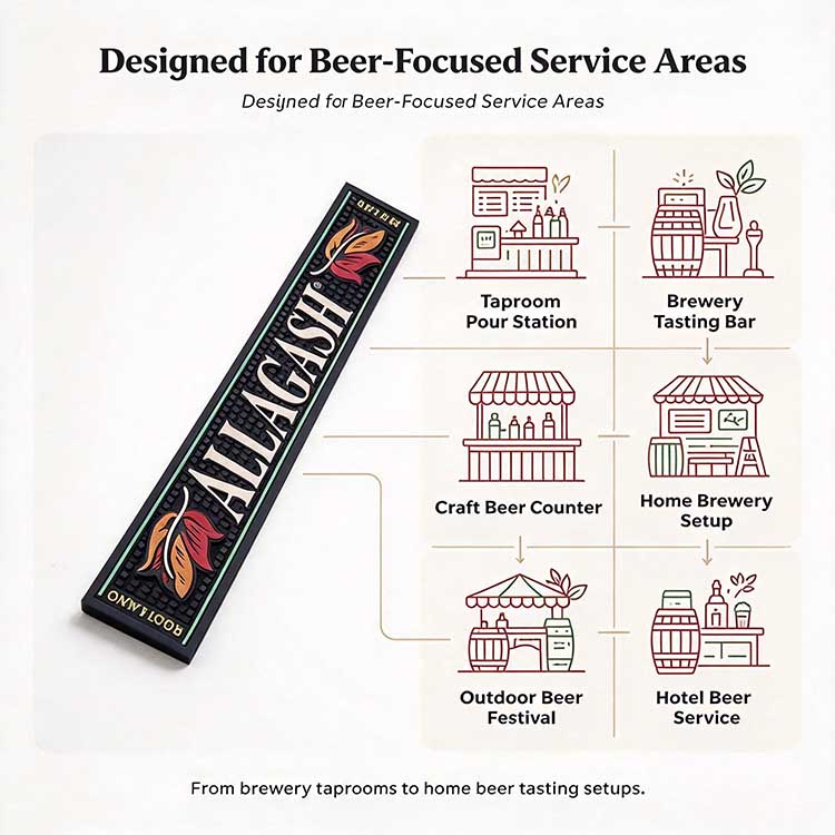 Brewery bar mat shown for taproom, tasting bar, and home brewery setups.