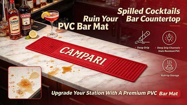 PVC bar mat on a marble bar top with spilled cocktail and lemons.