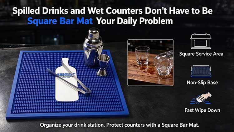 Square bar mat defining a clean prep zone on a wooden bar counter.