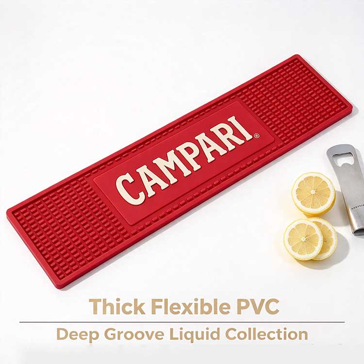 Thick flexible PVC bar mat with deep grooves for liquid collection.
