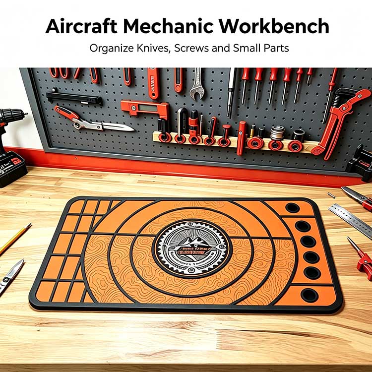 Functional partition PVC work mat ideal for aircraft mechanics, sorting small aviation fasteners, knives and precision hardware during repair and assembly tasks.