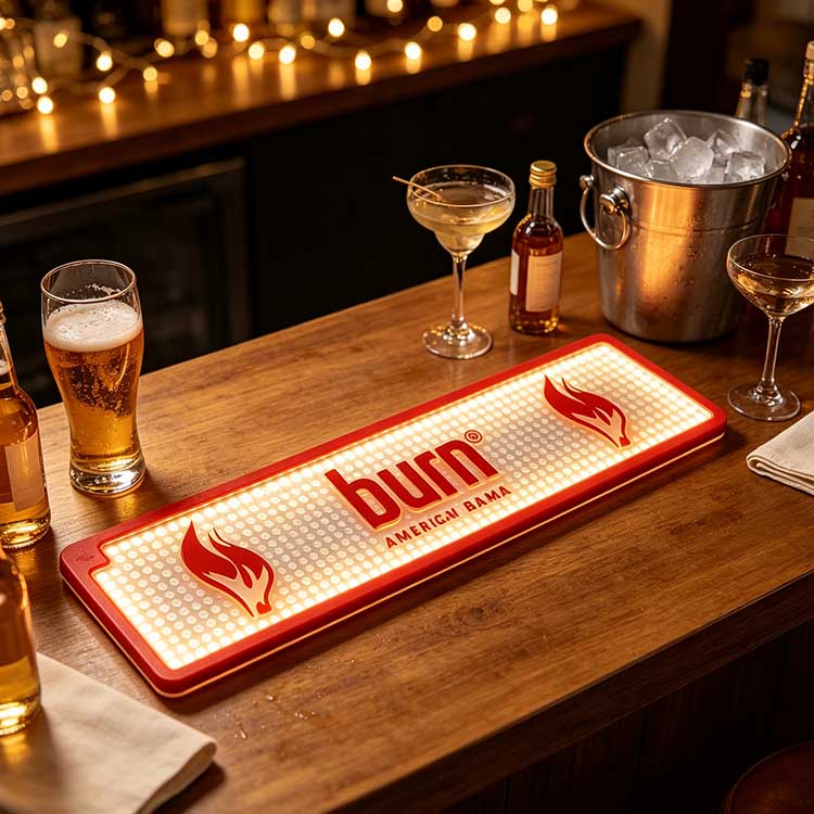 Waterproof LED Bar Mat Custom Logo Burn Energy Drink Warm LED Rubber Home Bar Party Counter Decor