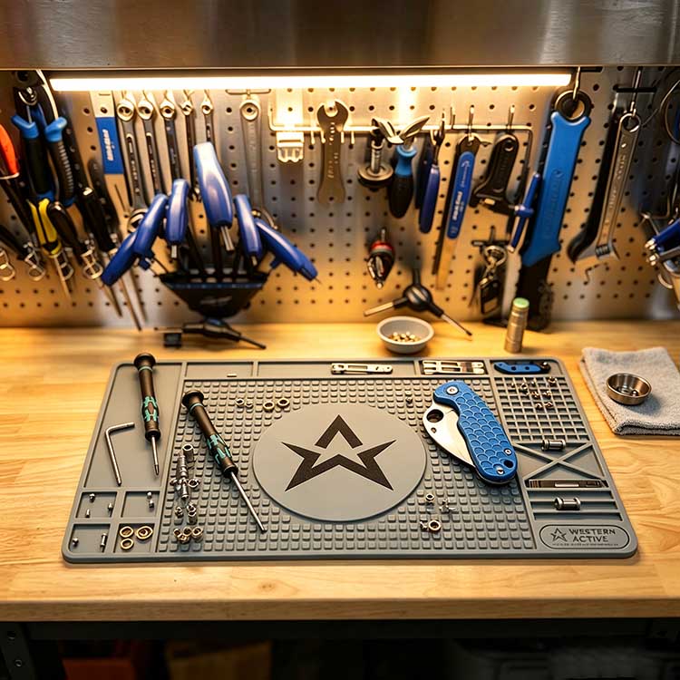Non-slip textured custom knife takedown mat for home garage folding knife maintenance