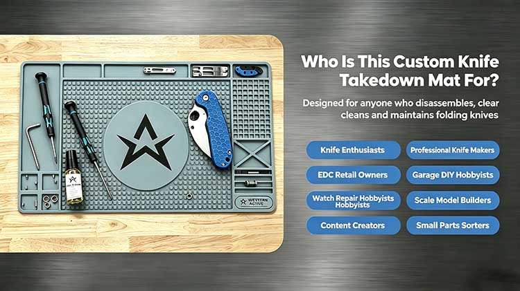 User group introduction banner of custom knife takedown mat for hobbyists, professionals and retail shop owners