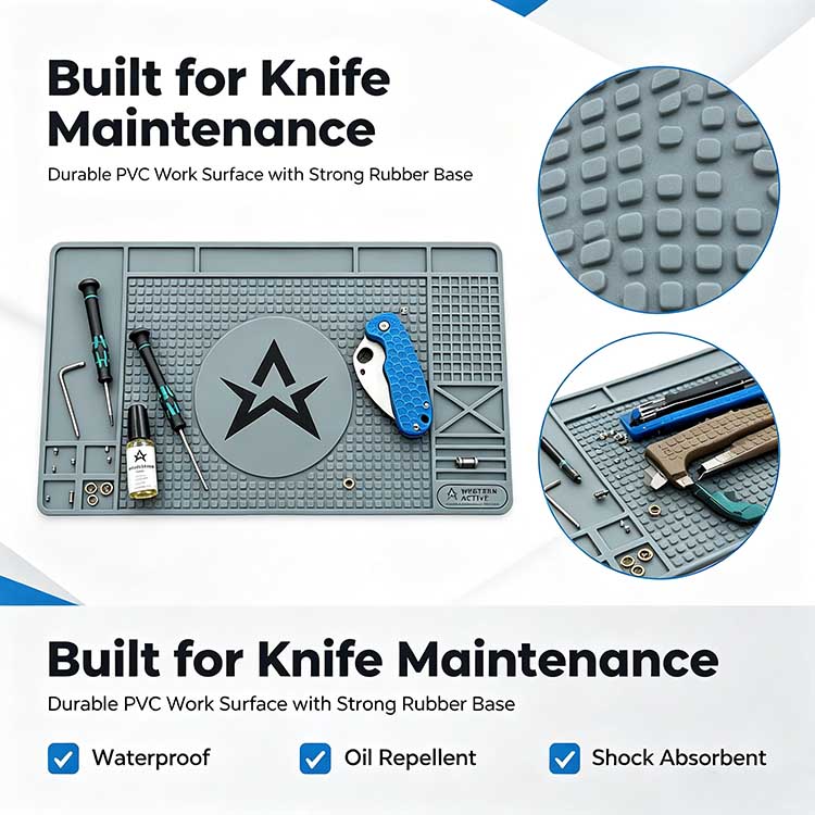 Multi-scene usage infographic of custom knife takedown maintenance mat for hobby and professional workshops