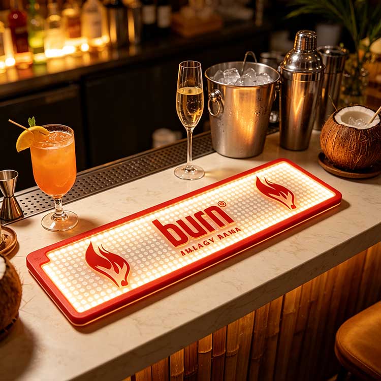 Waterproof LED Bar Mat Custom Logo Burn Energy Drink Full Surround Diffused Warm LED Waterproof Rubber Wholesale For Dark Marble Luxury Resort Lounge Full Counter Display