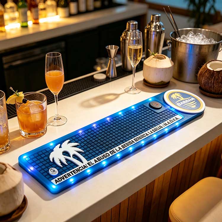 Glowing Bar Counter Runner Custom Logo Barena Tropical Palm Waterproof Sealed Vivid Blue LED Wholesale For Full-Service Neighborhood Pub & Beach Themed Cocktail Lounge