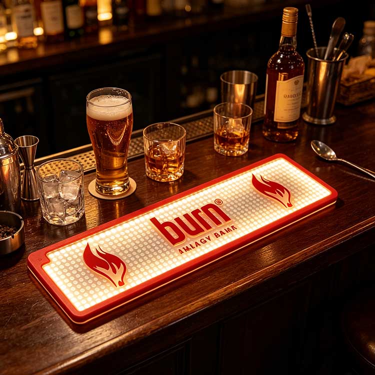Waterproof LED Bar Mat Custom Logo Burn Energy Drink Waterproof Sealed Warm LED Wholesale For Full-Service Neighborhood Pub & Casual Dining Restaurant
