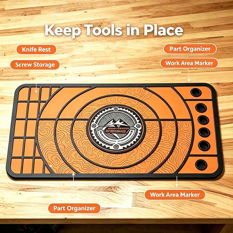 Functional layout Knife Shop Mat with hardware storage compartments for knife assembly and mechanic work