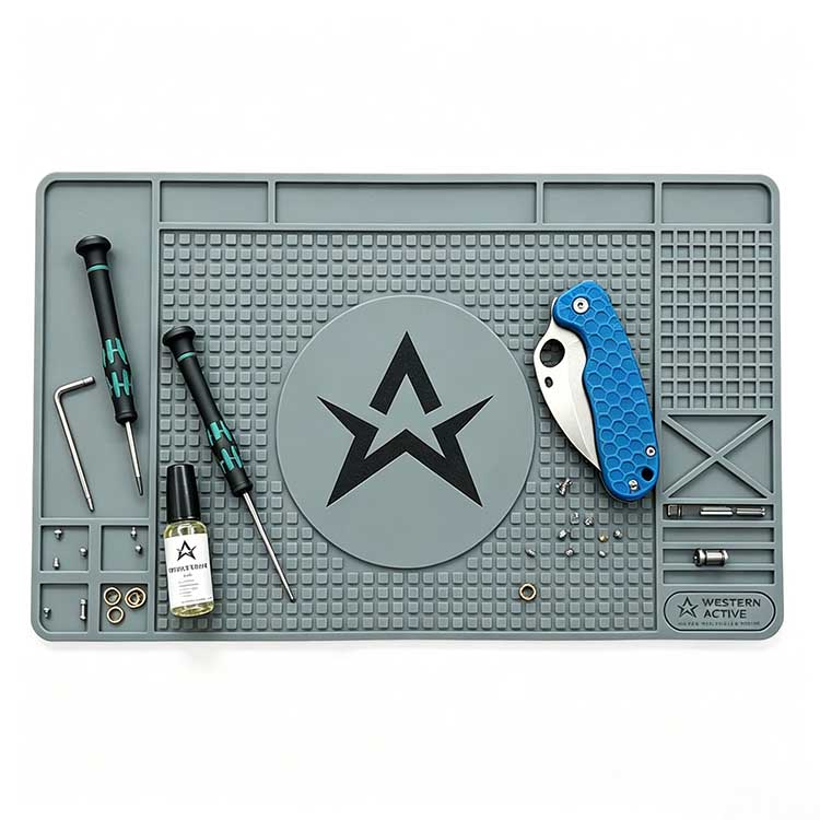 Zoned compartment custom knife takedown mat for organized folding knife disassembly work