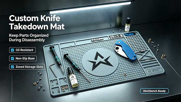 Custom zoned storage knife takedown mat for folding knife disassembly and EDC maintenance