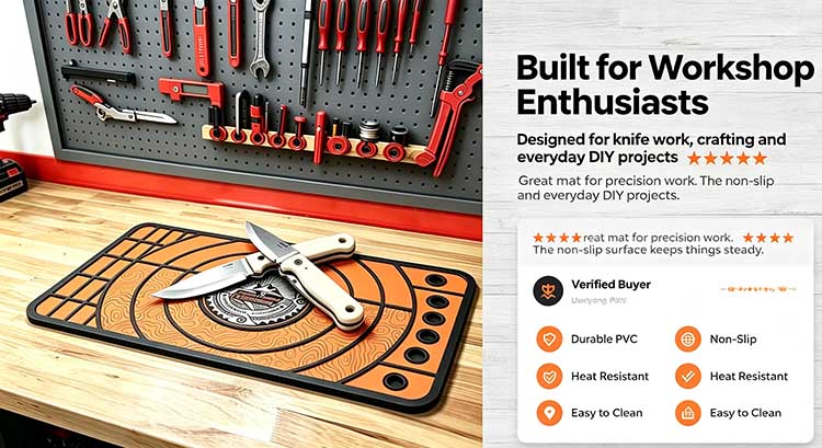 Durable Non-Slip Heat Resistant Knife Shop Mat trusted by knife makers, crafters and DIY workshop enthusiasts