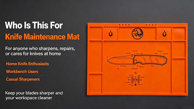 Real home workshop usage scene of knife maintenance mat for casual blade sharpening hobbyists and EDC knife collectors