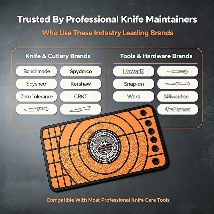 Orange silicone knife maintenance work mat brand trust infographic for Benchmade, Spyderco, Dewalt knife repair