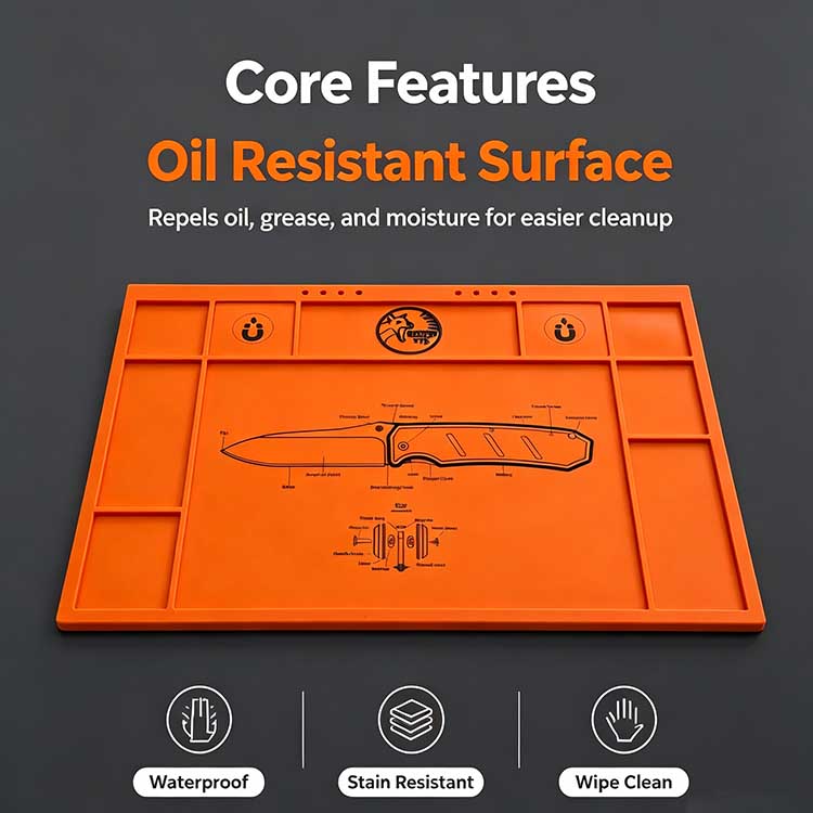 Feature infographic showcasing oil resistant waterproof sealed PVC surface of knife maintenance work mat