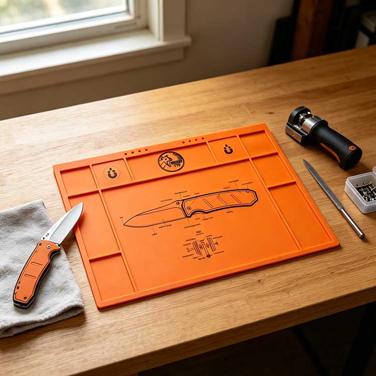 Non-slip base orange knife maintenance mat for home garage blade sharpening and repair hobbyists