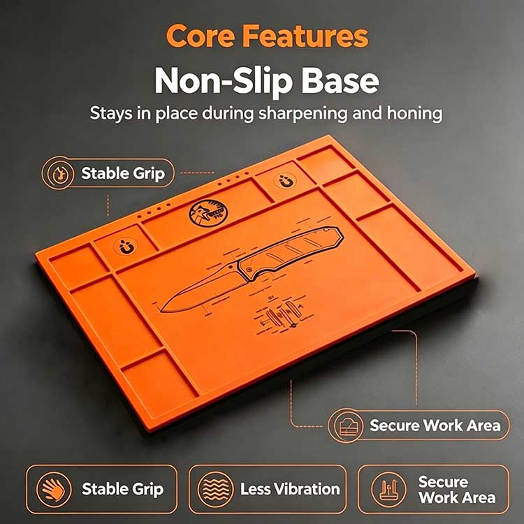 Technical line diagram showing segmented compartment smart storage layout of knife maintenance mat