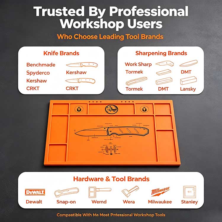 Orange silicone knife disassembly workshop mat brand trust infographic compatible with Benchmade, Spyderco, Dewalt tools