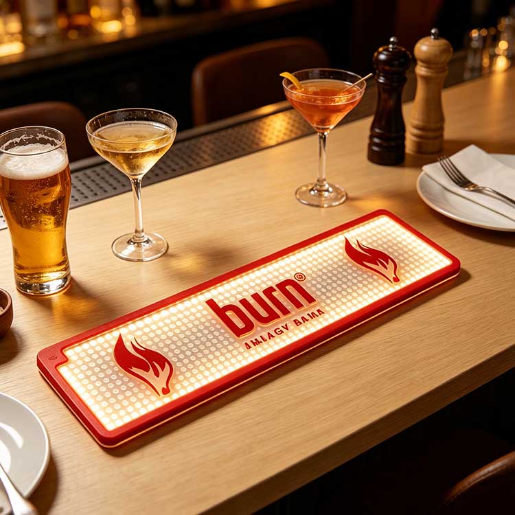 Waterproof LED Bar Mat Custom Logo Burn Energy Drink Even Diffused Warm LED Waterproof Rubber Wholesale For Casual Dining Restaurant Table Counter