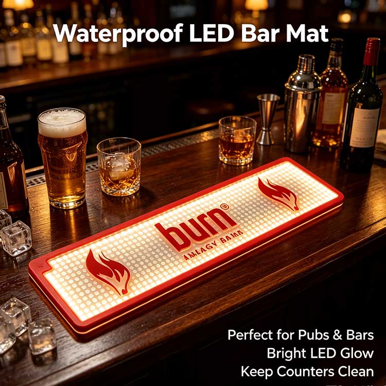 Waterproof LED Bar Mat Custom Logo Burn Energy Drink Sealed Warm LED Waterproof Rubber Wholesale For Private Home Bar Cart & Man Cave Party Decor