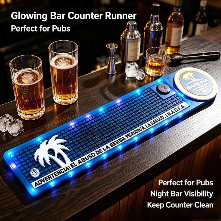 Glowing Bar Counter Runner Custom Logo Barena Tropical Palm Multi-Function Waterproof Compression Rubber Schematic For Pub Cocktail Lounge & Home Tropical Party Bar Counter