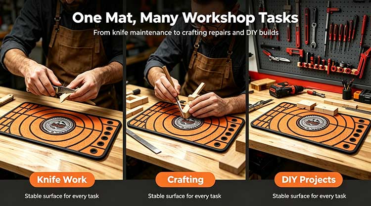 Versatile Knife Shop Mat for knife work, wood crafting and DIY garage workshop projects
