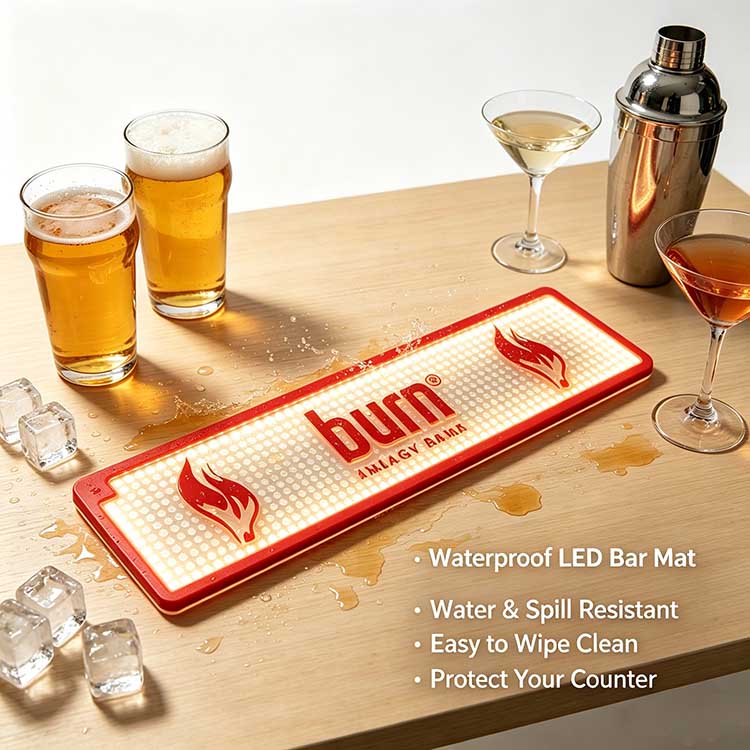 Waterproof LED Bar Mat Custom Logo Burn Energy Drink Non-Slip Base Sealed Warm LED Rubber Close-Up Wholesale Feature Infographic