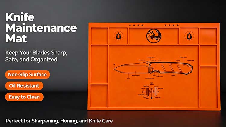 Zoned storage PVC knife maintenance mat for blade sharpening, honing and knife repair workshop use