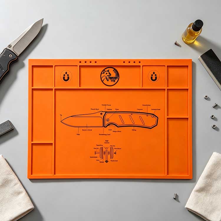 Segmented compartment knife maintenance mat with hardware storage slots for blade repair and sharpening work