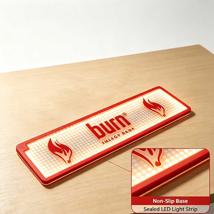 Waterproof LED Bar Mat Custom Logo Burn Energy Drink Deep Spill Lock Waterproof Rubber Infographic Hotel Minibar Spill Test Demo