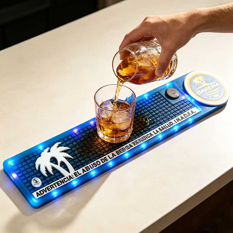 Glowing Bar Counter Runner Custom Logo Barena Tropical Palm Deep Spill Lock Waterproof Rubber Infographic Pub Bar Rum Spill Test Demo
