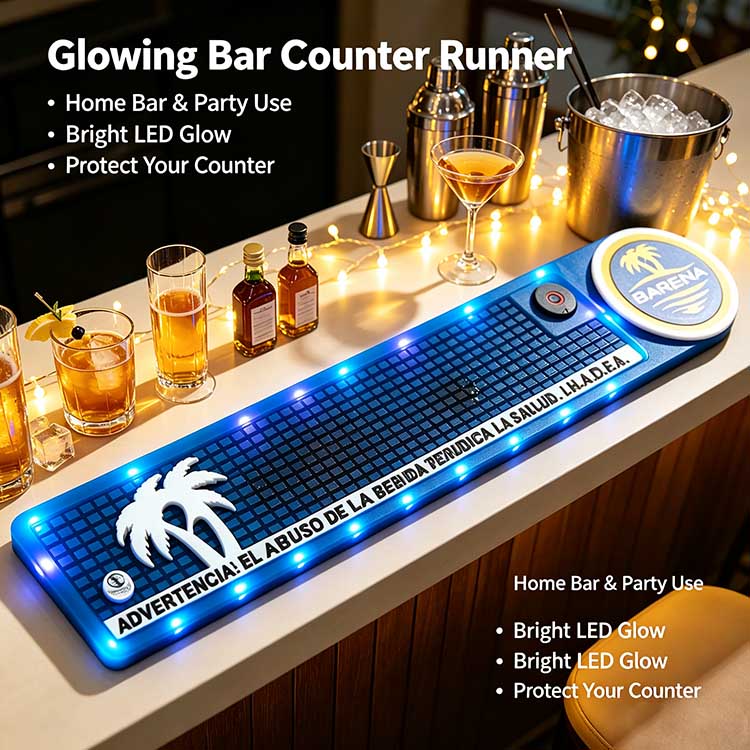 Glowing Bar Counter Runner Custom Logo Barena Tropical Palm Sealed Vivid Blue LED Waterproof Rubber Wholesale For Private Home Bar Cart & Tropical Man Cave Party Decor
