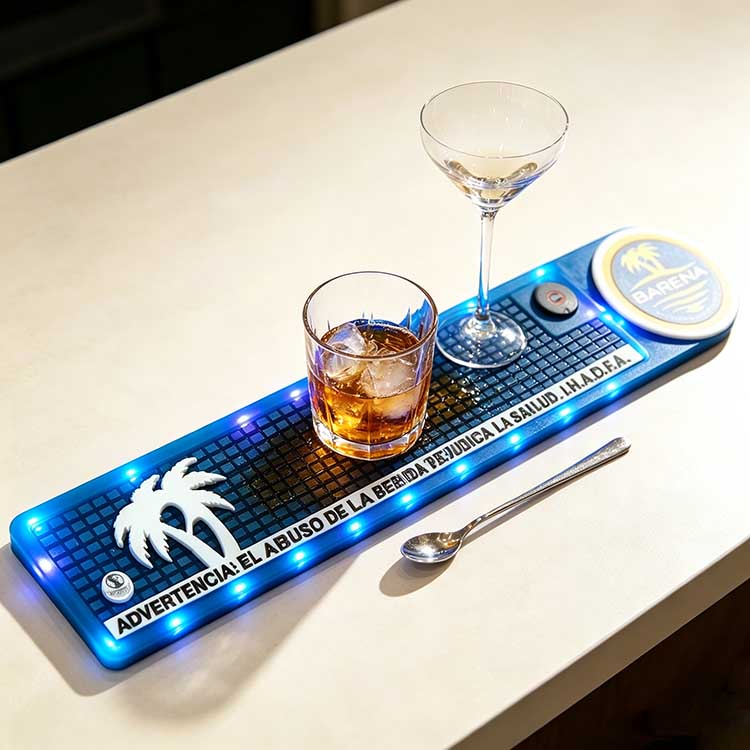 Glowing Bar Counter Runner Custom Logo Barena Tropical Palm Even Diffused Vivid Blue LED Waterproof Rubber Wholesale For Upscale White Marble Beach Cocktail Lounge Bar Station