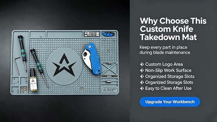 Purchase guide banner introducing core advantages of custom branded knife takedown maintenance mat