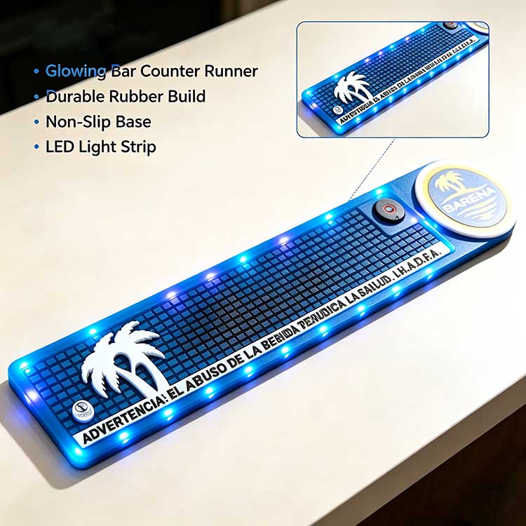 Glowing Bar Counter Runner Custom Logo Barena Tropical Palm Waterproof Even Vivid Blue LED Rubber Wholesale For Rustic Dark Wood Multi-Spirit Neighborhood Pub Counter