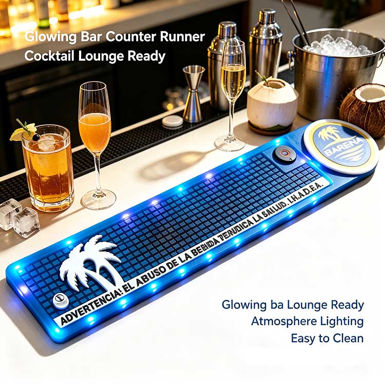 Glowing Bar Counter Runner Custom Logo Barena Tropical Palm Full Surround Diffused Vivid Blue LED Waterproof Rubber Wholesale For Humid Seaside Resort Beach Bar Full Counter Display