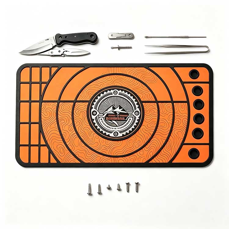 Custom Logo Knife Shop Mat with divided storage grid for knife assembly hardware organization