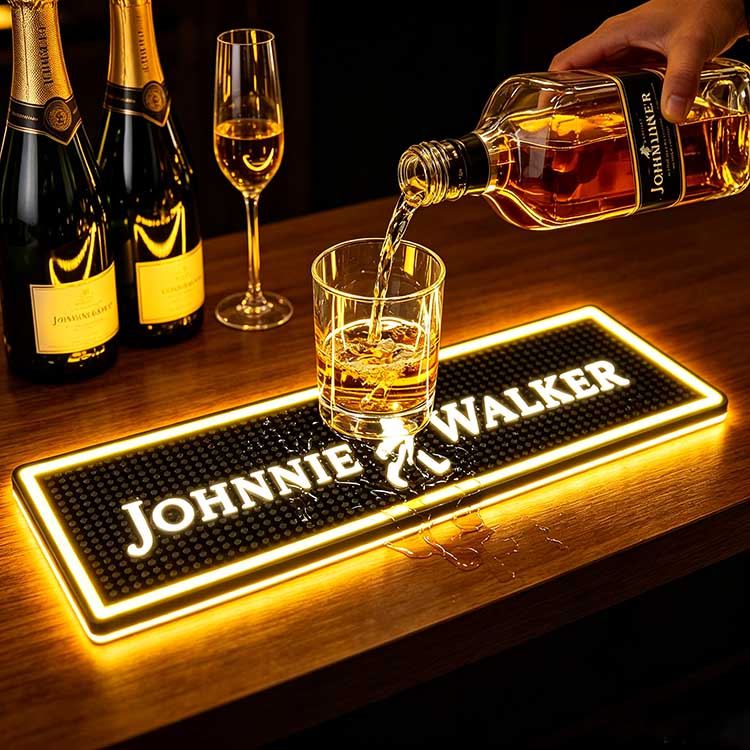 Custom Logo Light Up Bar Mat Waterproof Spill Proof Bar Drip Mat, Champagne Pour Spill Test Demo, Anti-Slip Raised Nub Drainage Silicone Glowing Bar Mat For Bartender Pub Use