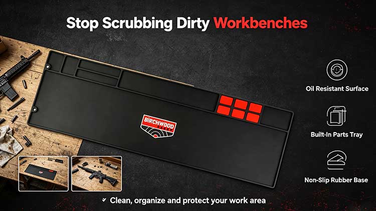 Heavy-duty rubber AR-15 cleaning mat with non-slip base and segmented storage for rifle maintenance.