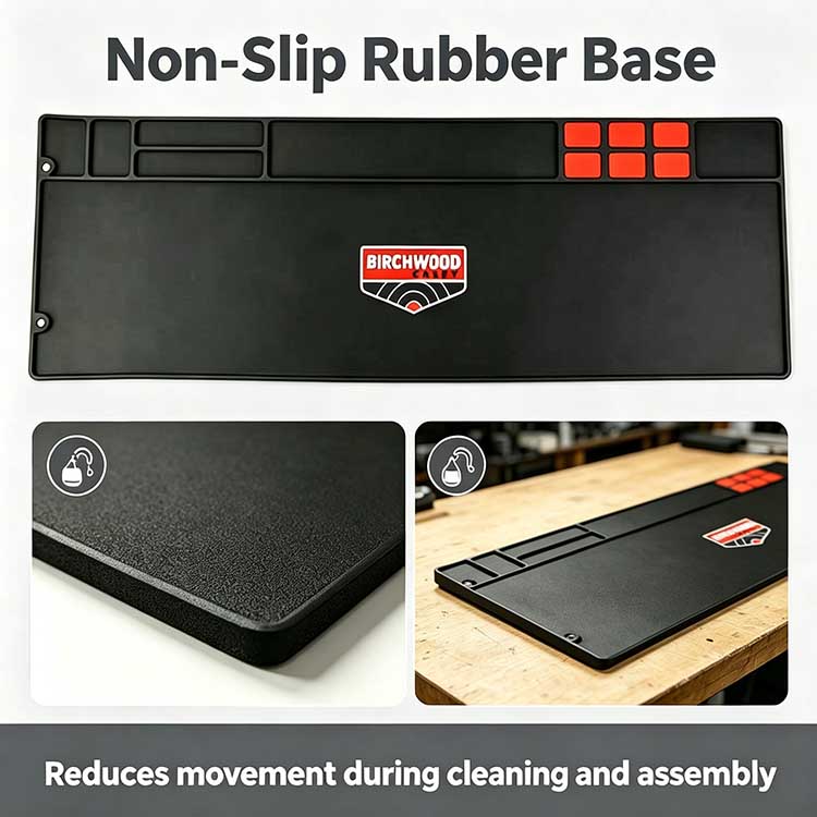 Non-slip rubber base on AR-15 cleaning mat for stable workbench use.