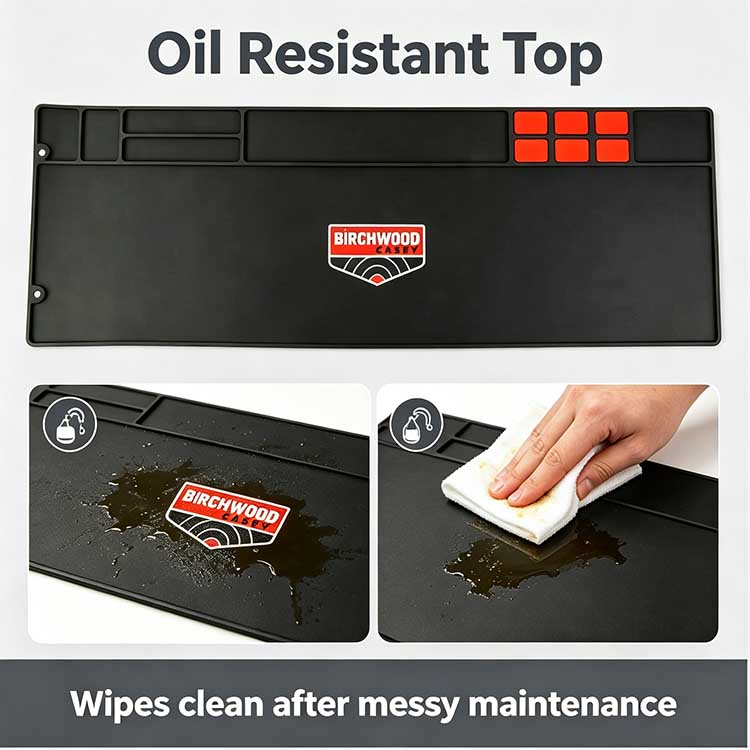 Oil resistant AR-15 cleaning mat with easy-wipe rubber surface.