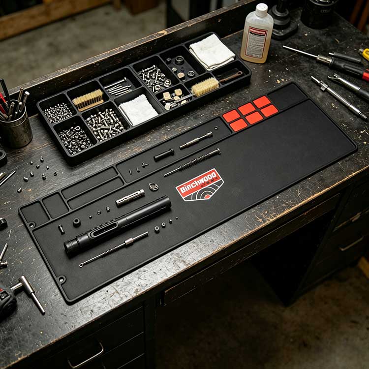 AR-15 cleaning mat with dedicated tool slots for cleaning rods and brushes.