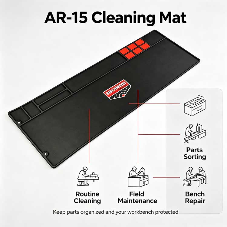 Multi-scenario AR-15 cleaning mat for routine cleaning and bench repair.