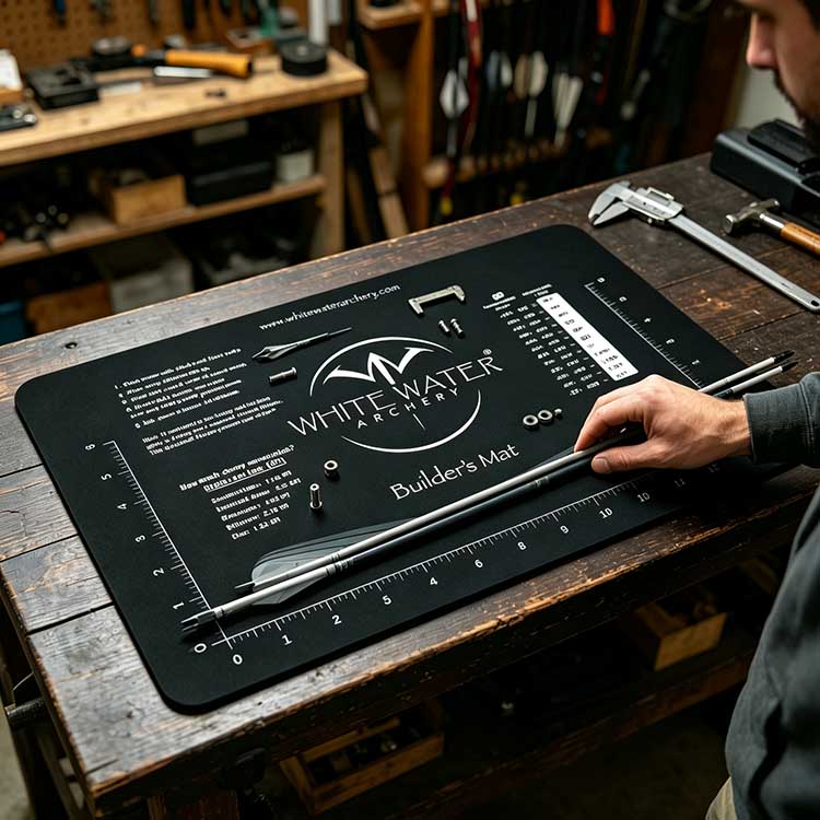 Non-slip arrow building tray holding shafts steady during fletching.