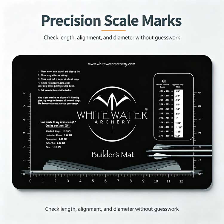 Arrow building tray with precision scale marks for vane alignment.