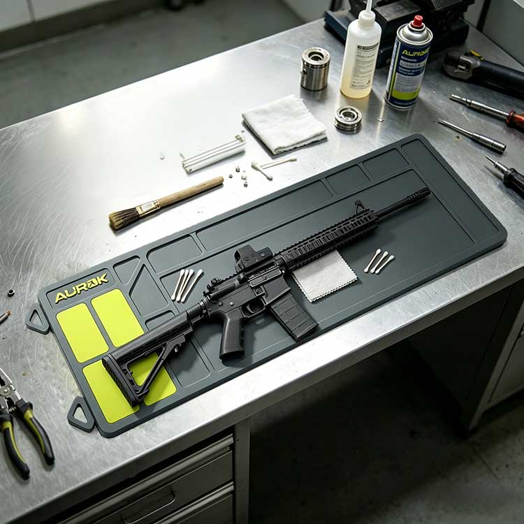 Black AR-15 rifle resting on a long grey rubber rifle cleaning mat with 4 yellow storage slots.