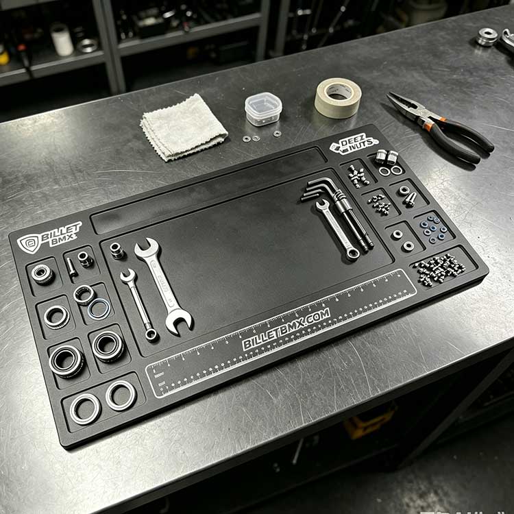 Aesthetic black bicycle tool tray with racing accents