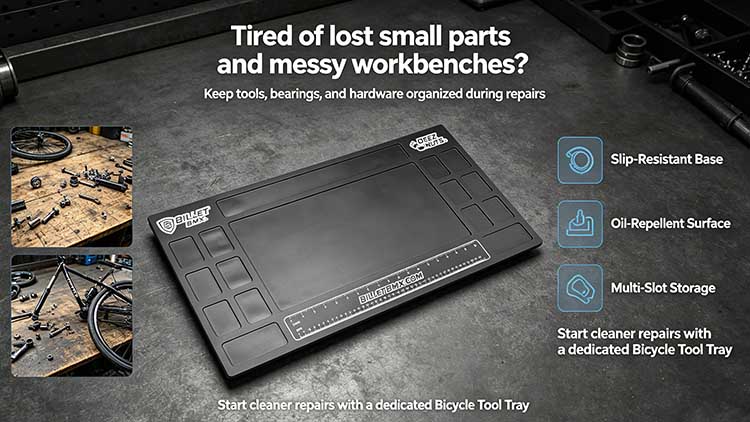 Heavy-duty 30x15 inch rubber bicycle tool tray with multi-slot storage and integrated ruler for BMX repair